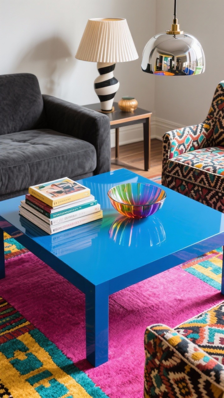 Photorealistic closeup/detail shot of an artistic eclectic lacquer Parsons coffee table in electric cobalt, high-gloss surface reflecting a saturated kilim rug in magenta, saffron, and teal below. On the table: stacks of art books and a colorful glass bowl; background hints of a charcoal linen sofa and patterned accent chairs (ikat or stripe). Lighting includes sculptural table lamps with pleated shades and a quirky pendant glinting off the lacquer. Layered, maximalist textures and colors, overhead/oblique perspective emphasizing the bold color block.