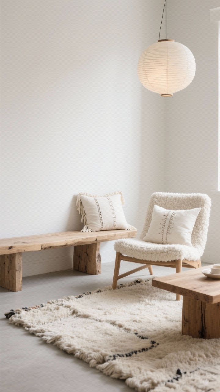 Photorealistic closeup/detail shot of “Creamy Minimal Boho” textures: chunky wool rug and off-white pillows with micro fringe and subtle embroidery on a bouclé chair; glimpse of white/bone wall and a low raw-edge wood bench used as a coffee table; softly diffused light from a paper lantern pendant out of frame; neutral palette of cream, sand, light oak, whisper of warm gray; serene, tactile, uncluttered mood.