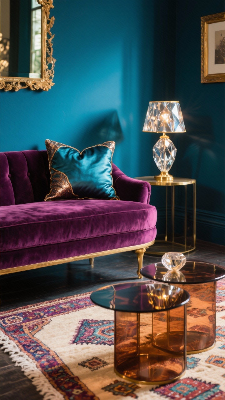 Photorealistic closeup/detail shot of “Jewel-Tone Boho Glam”: focus on a velvet chaise in wine/plum against a peacock-blue wall, silk pillow covers with metallic thread, edge of a Moroccan-style rug with cream base and saturated accents visible below; smoked glass nesting tables reflecting warm light, small gold-accented mirror and picture frame catching highlights; faceted glass table lamp creating sparkling light on nearby surfaces; rich, decadent mood in a compact setup.