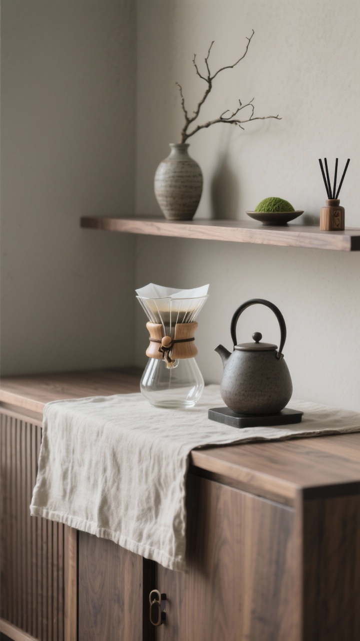 Photorealistic closeup/detail shot, straight-on: a serene Japandi coffee altar vignette showing a low-profile ash wood cabinet with fluted doors and a folded natural linen cloth beneath a hand-brew setup; ceramic dripper, clear glass server, wood-handled kettle arranged with precision; a narrow floating shelf above with a single ikebana vase holding a sculptural branch; tonal palette of sand, ash, charcoal, and ink; handmade ceramic textures, natural wood grain; calm, diffuse daylight; discreet hint of a matcha and hinoki diffuser in the background