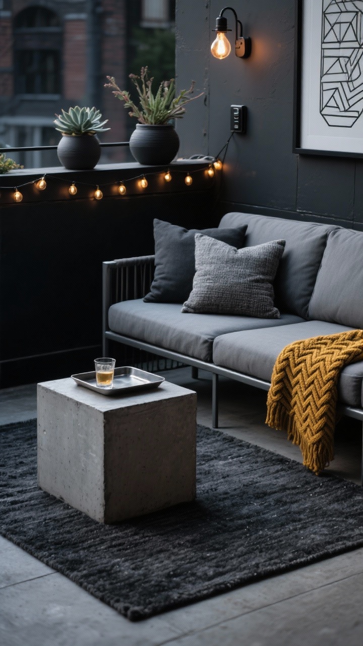 Photorealistic closeup/detail shot with industrial edge: charcoal outdoor rug under a concrete cube side table holding a metal tray for drinks; the edge of a slim-profile metal loveseat with graphite cushions visible, layered with textured pillows in slate, charcoal, and a pop of mustard plus a herringbone knit throw. Background includes a matte black wall sconce (battery/plug-in) and Edison bulb string lights clipped along the top rail. Succulents in matte ceramic and a geometric outdoor art print add structure. Moody, downtown loft vibe, evening light.