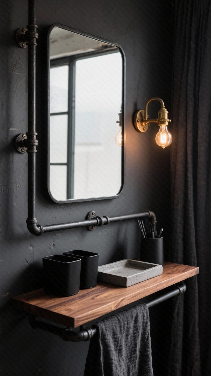 Photorealistic closeup/detail shot with moody drama: black pipe-and-wood wall-mounted shelf (walnut) as the vanity, captured at an angle to show the pipe brackets and wood grain, with a rectangular metal-framed mirror above. Aged-brass factory-style sconce with exposed-bulb Edison glow casting warm highlights on charcoal-painted walls. On-shelf styling: matte black organizers, a concrete tray, textures contrasted with a charcoal linen curtain in frame. Color palette: charcoal, walnut, black, aged brass; gritty, industrial atmosphere.