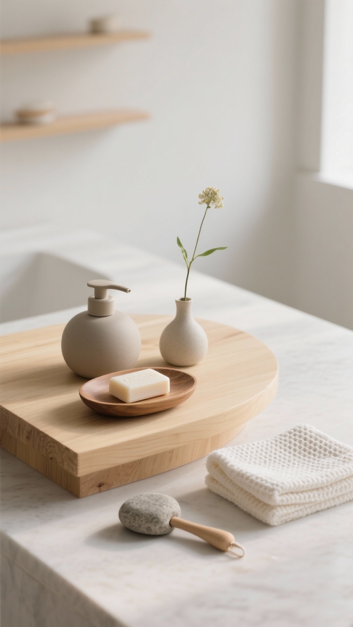 Photorealistic closeup, low-angle detail of a Japandi serenity arrangement: a blonde wood riser creating a calm tier, holding a rounded matte ceramic pump, a low oval tray with a bar of soap, and a tiny ikebana-style bud vase with a single stem. Nearby, a smooth stone massage tool and a neatly folded warm-white waffle towel. Palette: warm white, pale oak, greige. Soft, diffuse natural light, gentle shadows, ample negative space so curved forms breathe, minimal and tranquil.