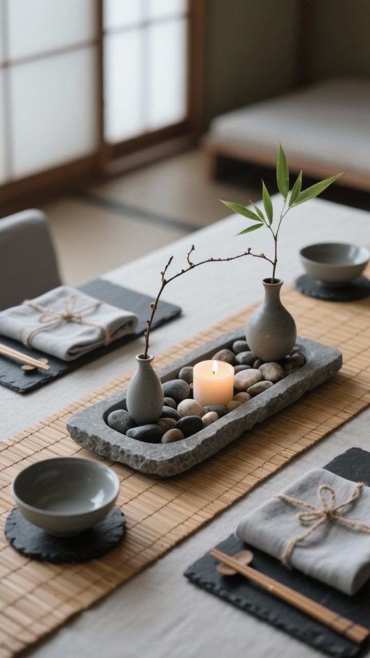 Photorealistic closeup, low-angle detail of a Zen tea house centerpiece: a bamboo mat runner supports a shallow stone tray filled with smooth river pebbles and a single floating candle casting a gentle ripple glow. Minimal bud vases hold ikebana-style stems (one branch, one leaf) with precise balance. Edge details include matte low bowls, chopsticks, and slate coasters; soft gray linen napkins tied with thin twine and a sprig of bamboo leaf. Palette of stone gray, bamboo tan, inky black, and cloud white. Calm, intentional, softly diffused lighting.