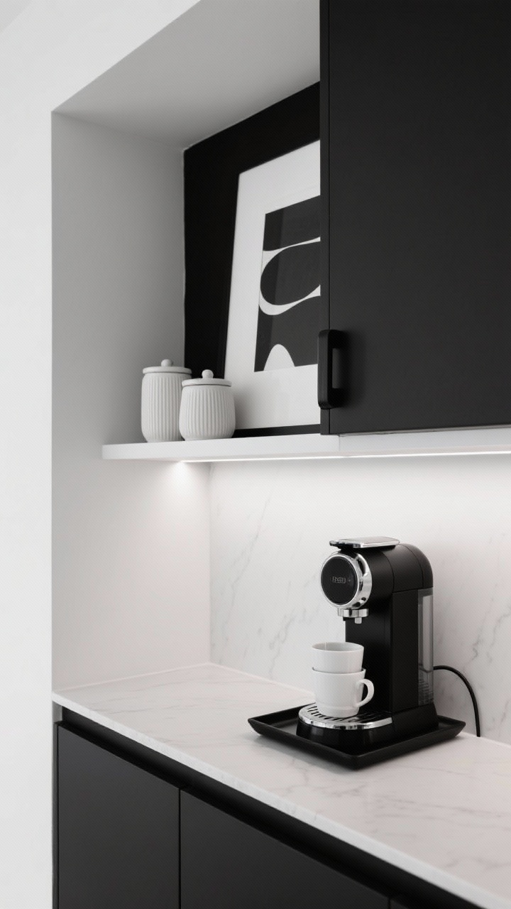 Photorealistic closeup, Minimalist Black-and-White Built-In Niche: dead alcove transformed with a matte black cabinet base and slim white quartz (or laminate) counter; compact espresso machine on a square matte black tray with a small stack of white mugs; a single floating white shelf above holding two ribbed ceramic canisters and a black-framed abstract print; matte black pull on the cabinet and an invisible-cord cable clip keeping lines clean; under-shelf LED strip wash for soft, gallery-like illumination; high-contrast, razor-clean styling, straight-on tight framing.