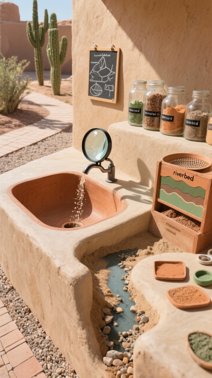 Photorealistic closeup of the Desert Earth Science Lab work surface: stucco-look finish in warm sand tones, terra-cotta sink bowl, built-in dry “riverbed” channel with silt, sand, and gravel being poured, mounted magnifying lens over labeled jars, sieves of different gauges stacked; stratification box filled with layered materials; palette of ochre, clay, and cactus green; compact decomposed granite path with pavers visible in background, faux cacti and chalk diagrams on a small board; bright, dry sunlight with crisp shadows.