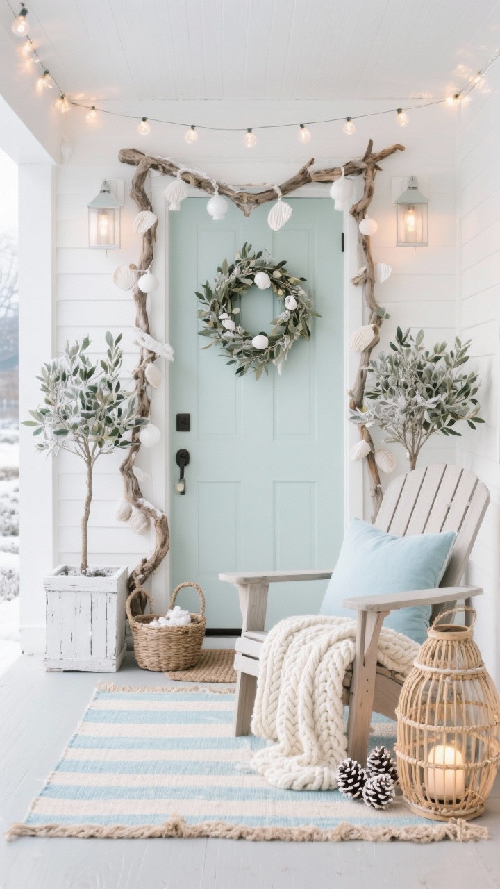 Photorealistic Coastal Winter Calm porch, wide straight-on shot with breezy serenity. Palette of seafoam, driftwood, and weathered white. Whitewashed planters flanking the door holding olive trees or frosted eucalyptus. Loosely woven garland draped around the entry with shell-white ornaments for understated sparkle. Striped outdoor rug in pale blue and sand, with a chunky rope doorstop nearby. Adirondack chair with a cream cable-knit throw and pale blue pillow. Rattan-wrapped lanterns with warm LEDs and soft globe string lights overhead. Driftwood wreath on the door; basket of bleached pinecones on the floor. Cool daylight with soft coastal haze.