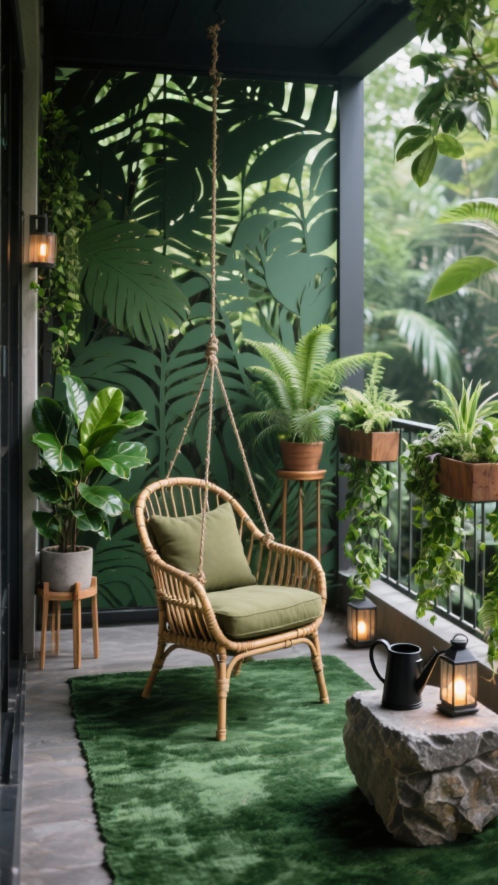 Photorealistic corner-angle medium shot of a lush jungle balcony: deep green outdoor rug, sturdy hanging chair (or compact bamboo armchair) with olive cushions, plant stands of varying heights featuring rubber plant (glossy leaves), feathery fern, and snake plant. Two rail planters cascading with ivy forming a soft green screen. Stone-look side table with a matte black watering can displayed as decor. Solar lanterns add warm points of light; leaf-pattern privacy screen casts dappled shadows across the scene. Saturated greens, charcoal, and natural wood tones dominate.