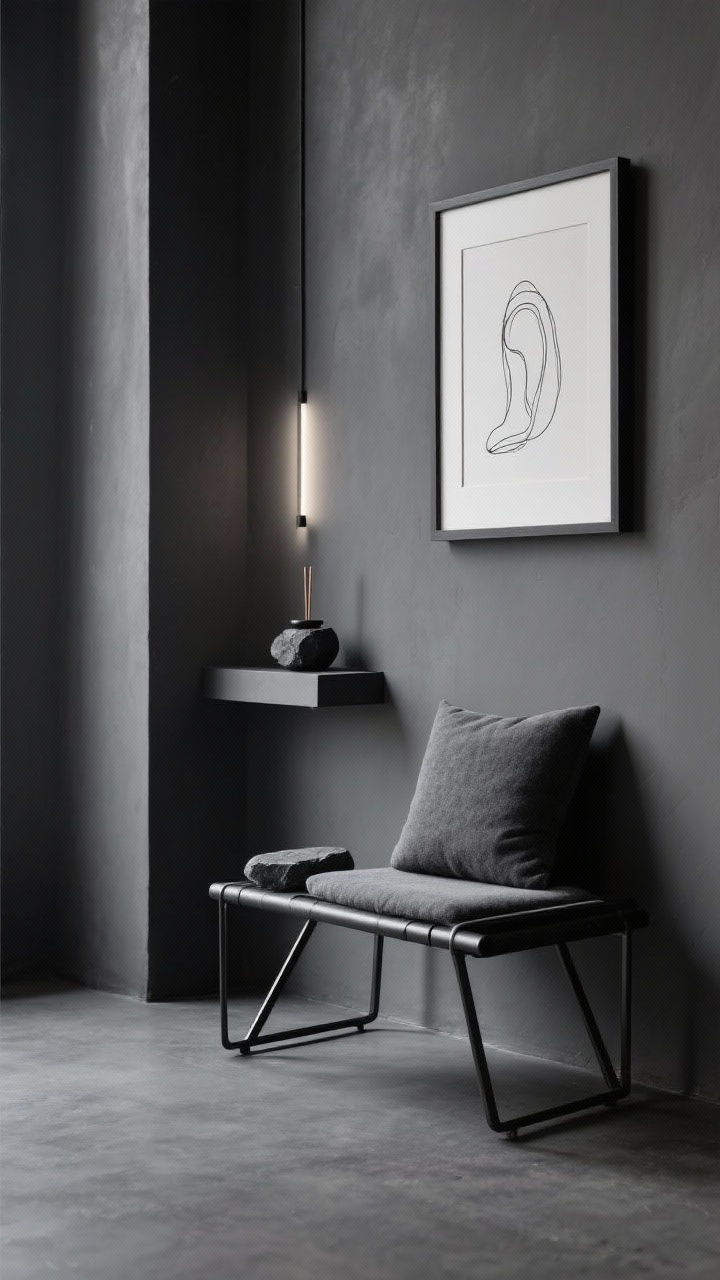 Photorealistic corner-angle medium shot of a monochrome minimal meditation setup: walls painted deep graphite gray, matte black and soft gray elements. Folding black metal meditation bench (fold-flat), charcoal felt cushion, black stone incense holder on a small wall-mounted ledge. Slim LED wall wash mounted to throw light upward, creating dramatic shadow play. Minimalist framed line drawing in black and white. Colors: graphite, black, slate. Materials: metal, felt, stone, matte paint. Quiet, moody, focused.