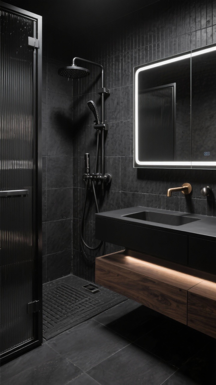 Photorealistic corner-angle medium shot of an urban matte monochrome bathroom: large-format matte black porcelain on floor and shower walls; ribbed concrete-style tile on the vanity wall for texture; floating black oak vanity with integrated LED underglow casting a subtle floor wash; steel-framed shower door, exposed-style valve trim; gunmetal or blackened brass fixtures; oversized rectangular mirror with a thin metal frame; smart backlit mirror defogger glow, linear drain, rain plus handheld combo; moody, high-contrast lighting