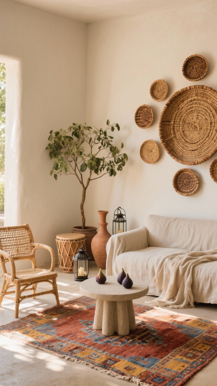 Photorealistic corner-angle medium shot with sun-kissed airy vibe: a linen slipcovered sofa paired with a vintage kilim rug in rust, ochre, and faded blue; two woven cane chairs and a rounded plaster side table; on the wall an oversized handwoven wall basket focal point with clustered smaller baskets around it; a fig tree in the corner, a ceramic drum stool, and a gauzy cotton throw draped casually; clay vases and iron lanterns as finishing touches; palette of sand, rust, ochre, sun-faded blue; soft golden daylight.