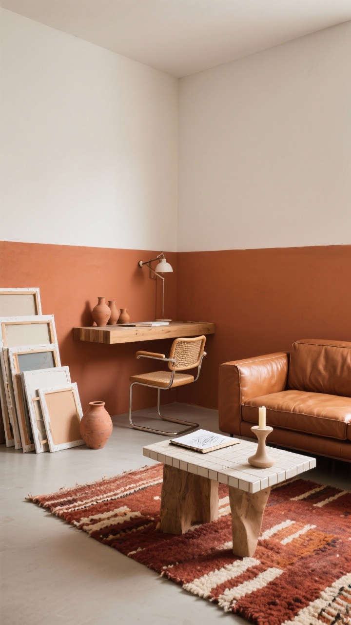 Photorealistic corner medium shot of a “Terracotta Artist’s Corner”: two-tone wall with lower three-quarters painted terracotta and upper warm white; slim-profile caramel faux-leather sofa; tile-top side table with sketchbook and sculptural candle; hand-knotted rug in rust and cream; floating wood shelf used as a mini desk with a cane chair, adjustable sconce above the art station; clay vessels and stacked canvases leaning nearby; warm, creative, studio-like ambiance.