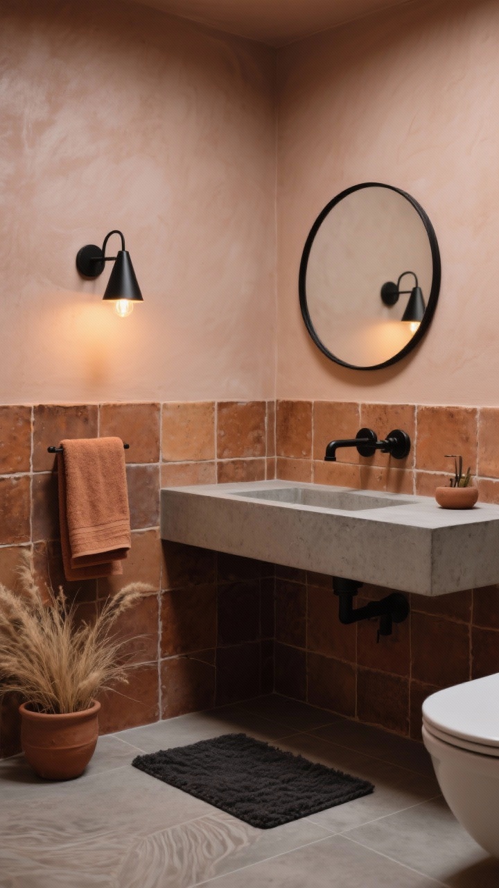 Photorealistic corner wide shot of an earthy modern half-bath: lower half of walls tiled in smoky-variation terracotta zellige with imperfect textures, upper walls painted soft clay; thin-profile graphite concrete vanity; matte black fixtures; pill-shaped mirror with a black frame; concrete-look porcelain flooring with subtle movement; black cone sconce with a warm glow bulb; nubby terracotta hand towel and charcoal bath mat; small terracotta planter with dried grasses. Warm, dusk-like ambiance.