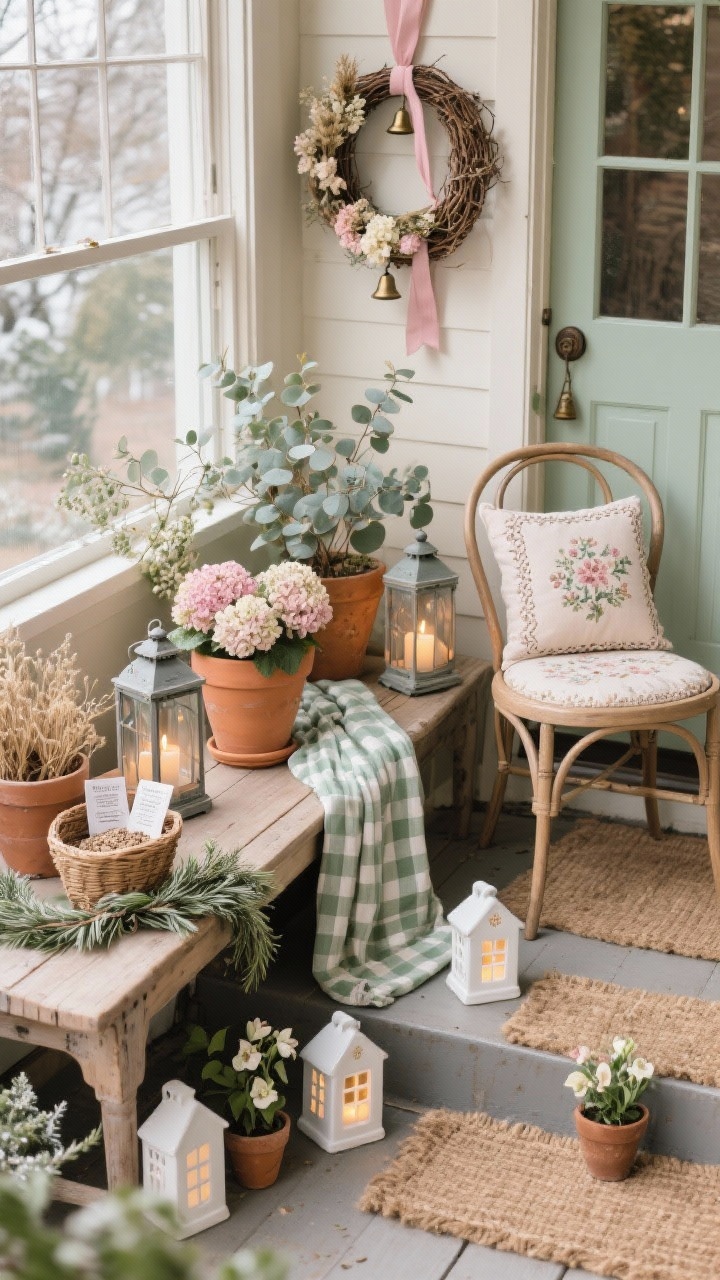 Photorealistic Cottagecore Winter Garden porch, overhead detail shot focusing on layered botanicals and craft textures. Vintage potting bench styled with terracotta pots, dried hydrangeas, and a basket of seed packets. Heirloom-style lanterns and a soft garland of seeded eucalyptus and rosemary draped along the bench. Grapevine wreath with blush ribbon, dried florals, and tiny bells placed near the door edge. Sage gingham runner layered with a natural coir mat partially visible. Curved-back bistro chair with a floral needlepoint cushion at the corner. White ceramic houses with tea lights glowing on the steps and small potted hellebores tucked in. Palette: sage, blush, cream with natural wood; soft, diffused afternoon light.