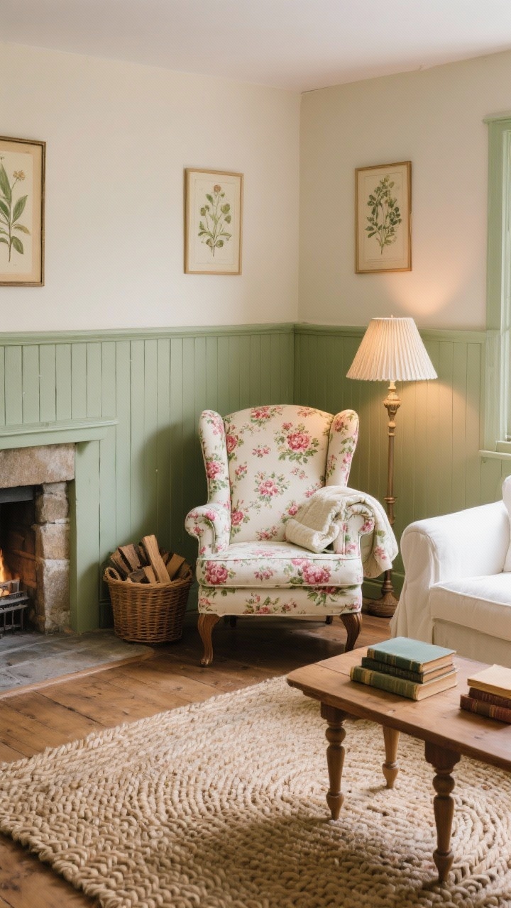 Photorealistic cozy cottage corner detail shot: traditional wingback chair upholstered in floral chintz next to a small stone fireplace; braided wool rug underfoot; spindle-leg coffee table with a few vintage books; buttercream slipcovered sofa edge peeking in; beadboard half-height walls painted sage; pleated lampshades on a nearby lamp, wicker basket with firewood, vintage botanical prints on the wall; a quilt folded over the wingback’s arm; palette of sage, buttercream, raspberry floral, warm wood; warm lamplight with soft natural daylight, no people.