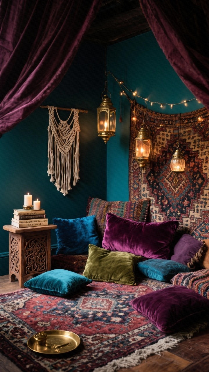 Photorealistic cozy wide shot of a moody boho cocoon: walls in deep inky teal or merlot, an oversized Moroccan-style plush rug layered with scattered floor cushions in jewel tones (sapphire, emerald, plum). A carved wood side table holds a small stack of worn poetry books and brass trays with candles. Lanterns and string lights dimly illuminate a canopy or macrame wall hanging; a velvet bolster adds plushness, and a woven tapestry dampens sound. Color cue: jewel tones, brass, deep charcoal; textures: velvet, wool, carved wood, brass; enveloping and dramatic; no people.