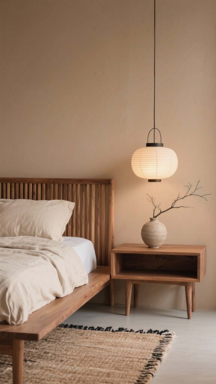 Photorealistic detail closeup capturing Modern Japandi calm: matte clay-beige wall behind a horizontal slatted oak headboard spanning the width; edge of a platform bed with tapered legs; a floating wood shelf acting as a nightstand holding a single ceramic vase with a branch; soft glow from a paper lantern pendant slightly out of focus; linen duvet in ecru and a flat-weave wool rug in warm oatmeal visible at the frame’s edge; subtle black ink accent; shallow depth of field to emphasize warm wood grain and negative space.