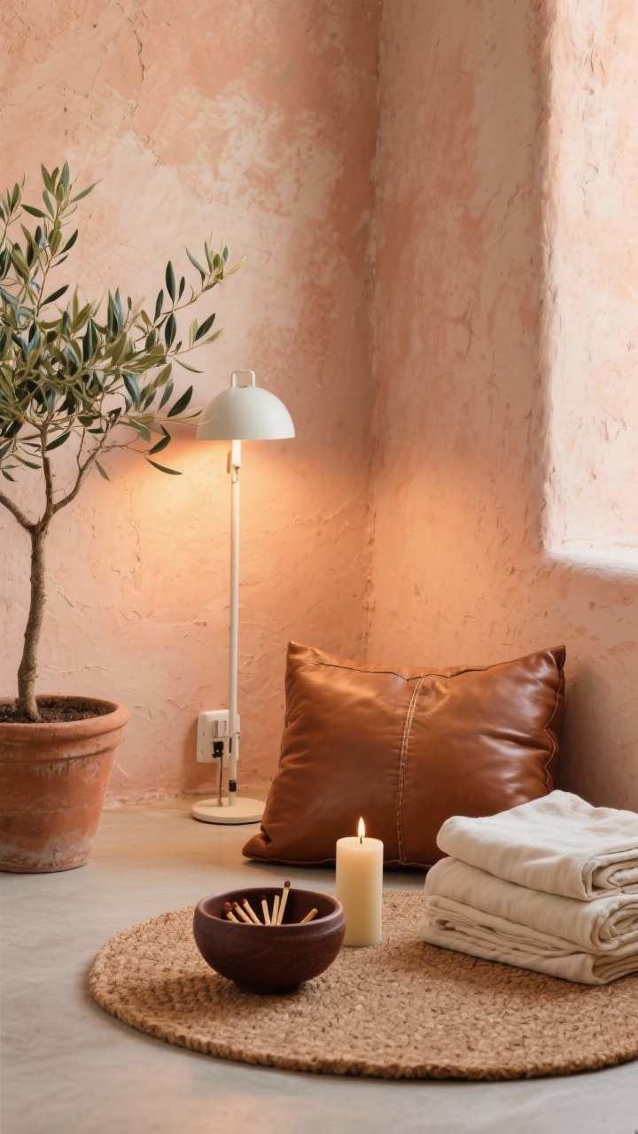 Photorealistic detail closeup focusing on earthy textures: textured limewash or plaster corner wall in adobe/warm peach, a round cork mat on the floor, caramel leather floor cushion with visible grain. Nearby, a burnt umber ceramic bowl with matches, a short beeswax pillar candle, and a neat stack of linen cloths for breathwork. A small olive tree in a terra-cotta pot partially in frame. Warm-white clip lamp at ankle height casting a sunset glow on the plaster. Colors: clay, caramel, olive, cream. Materials: plaster, cork, leather, terra-cotta.