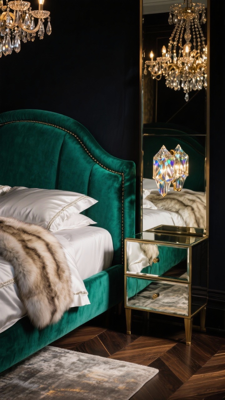 Photorealistic detail closeup focusing on Old-Hollywood glam vignettes: the edge of a curved emerald velvet headboard adjacent to a mirrored nightstand; crystal prism sconce casting prismatic highlights on the wall; silk or sateen bedding with a luxe sheen; a plush faux-fur throw draped across the bed; reflections of a high-shine Art Deco chandelier above; dark herringbone wood floor visible in the lower frame with a tonal rug. Palette: jewel tones, ivory, smoked mirror, antique gold. Dramatic, glam evening lighting with sparkle and contrast.
