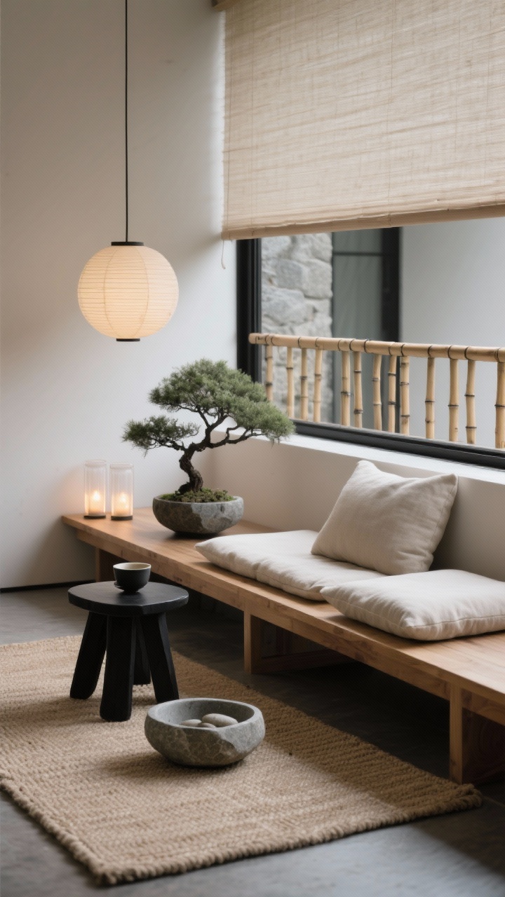Photorealistic detail closeup for a Minimal Zen Retreat; sand-toned woven rug beneath a low cedar platform bench; linen floor cushions in stone and putty neatly arranged; a single black ceramic side stool holding a tea cup; shallow bonsai and smooth river-stone bowl nearby; soft indirect lighting from a rice-paper orb pendant and two LED tea lights in frosted holders; bamboo roll-up shade partially lowered across the railing in background; palette of stone, sand, soft black; serene, minimal mood; shallow depth of field.