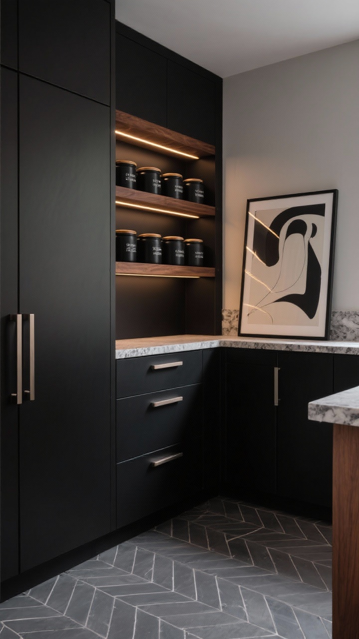 Photorealistic detail closeup from a corner angle of a moody modern pantry: matte black cabinetry with integrated pulls, rich walnut shelves above with warm LED strip lights washing over uniform black-lidded canisters labeled cleanly. Include a glimpse of a charcoal herringbone tile floor and a stone-look quartz counter edge below. In the background, a casually leaned oversized abstract print on the counter. Dramatic, organized, softly glowing atmosphere.