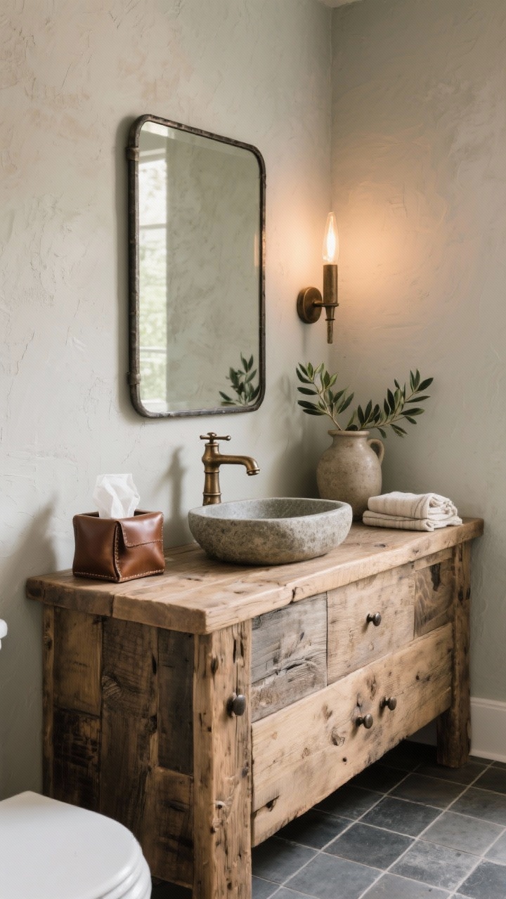 Photorealistic detail closeup from a corner angle of a modern rustic half-bath: limewashed warm-greige walls showing subtle texture; chunky reclaimed wood vanity supporting a stone vessel sink; antique bronze faucet; rectangular iron-framed mirror with a sturdy presence; single oversized taper sconce as a sculptural element; matte slate hex tile floor partially visible; leather-wrapped tissue box, linen hand towels, and olive branches in a stoneware jug. Cozy, refined, warm lighting.