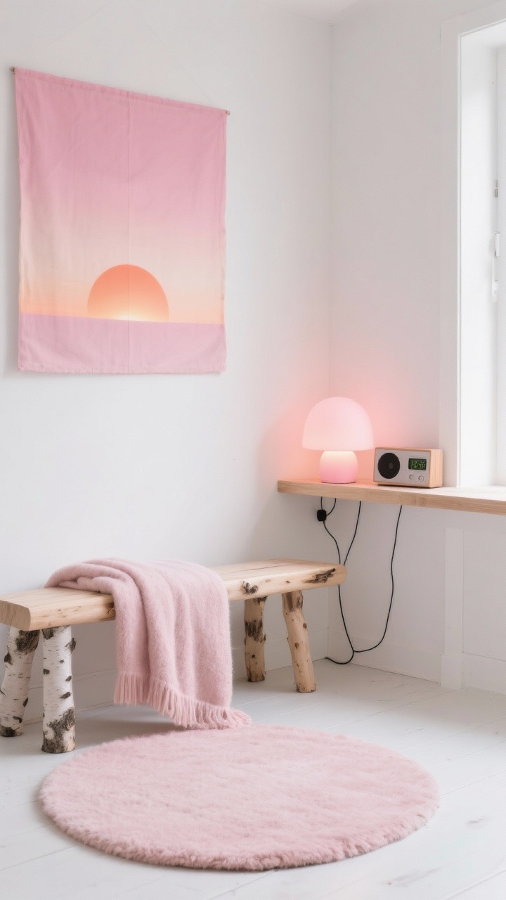 Photorealistic detail/closeup from a corner angle: a Scandinavian Sunrise meditation corner with crisp white walls and a birch meditation bench draped with a pale pink wool throw. Above, a sunrise-ombre wall hanging shifting from blush to coral provides the pink accent. A silicone sunrise lamp glows gently in rosy tones, while a floating birch shelf discreetly routes cords and holds a small speaker and timer. A round pale-pink felt rug defines the zone; programmable sunrise/sunset ambiance; clean, bright, uplifting; no people.