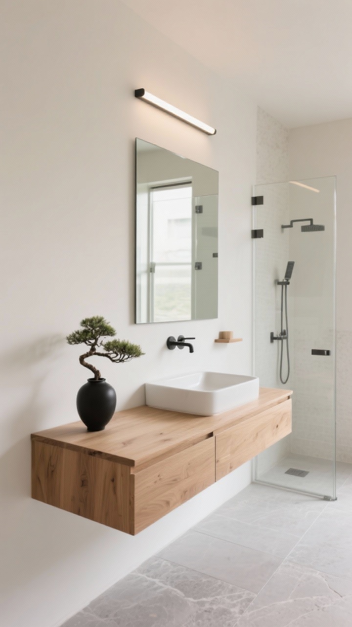 Photorealistic detail closeup from a Japandi minimalist sanctuary: wall-mounted oak vanity with integrated sink basins and no hardware, seamless edges; warm white wall reflected in a frameless mirror topped by a single linear sconce; pale gray large-format stone-look porcelain floor; matte black accent vase with a small bonsai placed minimally on the vanity; ultra-clear shower glass with squared hardware softly out of focus; colors of bone, ash, and natural wood tones; calm, balanced, clutter-free