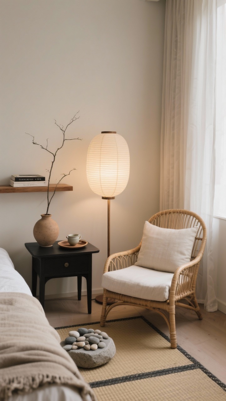 Photorealistic detail/closeup: Japandi bedroom corner with a cane-panel egg chair and low linen cushion; warm restrained palette of ecru, putty, and soft black; low black-stained Shaker side table holding a ceramic tea set; ribbed paper lantern floor lamp casting diffused glow; pebble-shaped stone tray; flatwoven tatami-style rug; gauzy curtains, cotton throw; floating oak ledge with a few books; a single branch in a raw clay vase; tranquil minimal mood, no people.
