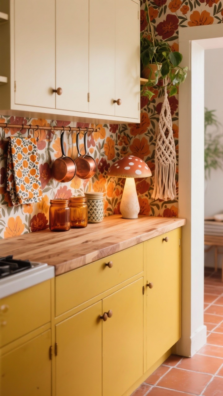 Photorealistic detail closeup of 70s harvest hues: focus on mustard yellow lower cabinets meeting cream uppers with a bold retro floral wallpaper panel in rust, ochre, and burnt orange. In the foreground, butcher block countertop with copper cookware hanging from a peg rail, amber glass canisters, patterned tea towels, and a macrame plant hanger edge entering frame. Terracotta hex tile floor blurred in the background. Add a mushroom-shaped ceramic lamp on the counter glowing warmly. Shoot at a 45-degree angle to emphasize pattern and texture.