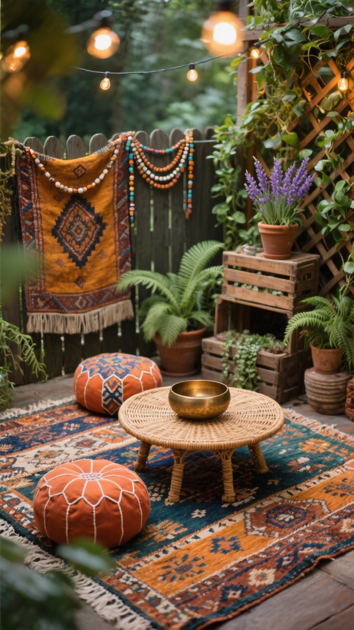 Photorealistic detail closeup of a “Boho Garden Hideaway”: layered patterned outdoor rugs slightly askew with kilim textures, low round rattan table at center holding a brass singing bowl; adjacent floor poufs with terracotta and indigo patterns; tapestry hanging from a fence panel blurred in background; beaded garlands draped nearby; potted ferns and lavender on tiered wooden crates, pothos trailing on a trellis; string lights overhead creating warm bokeh. Colors: terracotta, saffron, indigo, deep green. Mood: eclectic, cozy bohemian.