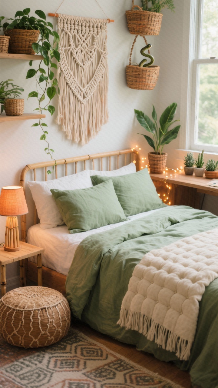 Photorealistic detail closeup of a botanical boho vignette: sage green bedding with linen pillow shams and a cream tufted throw, the edge of a macramé wall tapestry above the headboard. In frame: rattan baskets, a pothos trailing from a shelf, a small snake plant near a sunlit window edge, and a mini succulent lineup on the desk corner. Warm fairy lights softly glowing and a bamboo table lamp casting a gentle amber tone. Include a patterned floor cushion and the top of a low woven pouf. Palette: sage, cream, terracotta, warm wood. Soft, natural daylight with warm accent lighting.