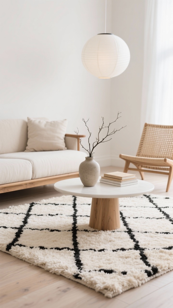 Photorealistic detail closeup of a cream Moroccan-style shag rug with a simple black diamond grid, capturing plush texture; edge of a light oak sofa frame with tailored oatmeal cushions, a round white-oak coffee table leg, and the woven detail of a papercord lounge chair just in frame; minimal decor: a stoneware vase with branches and a stack of neutral books on the coffee table; soft diffused daylight, rice-paper globe pendant glow in background bokeh; palette of ivory, pale wood, and soft black; airy Scandi minimal mood, no people