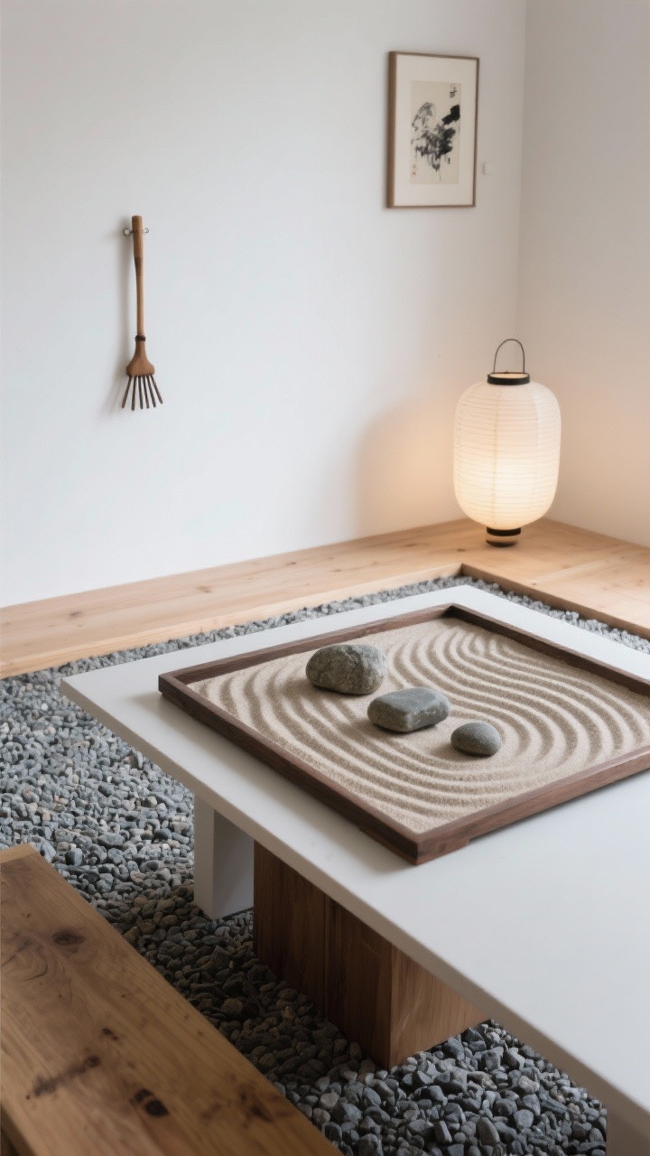 Photorealistic detail/closeup of a gravel raking meditation corner: desk-sized tabletop sand tray with precise raked quartz sand patterns, trio of smooth river stones placed intentionally; adjacent floor-level gravel rectangle partially in frame; simple pine bench edge visible; wall-mounted peg holding a wooden rake; matte white wall with a single framed ink wash painting; tight palette of white, taupe, and charcoal; gentle glow from a nearby paper lantern making the raked lines pop; overhead shot emphasizing patterns and tactile textures