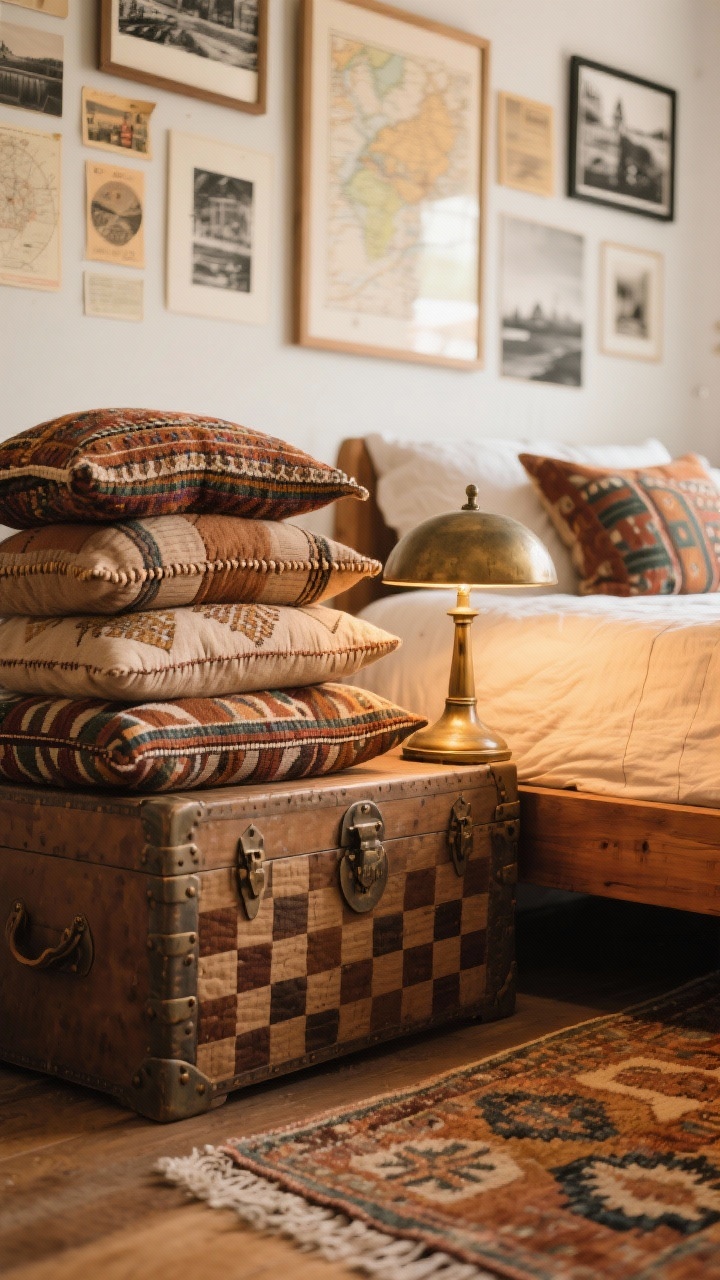 Photorealistic detail closeup of a Vintage Traveler’s Retreat vignette: mid-century wood bed foot with a trunk/steamer chest used as storage; block-printed quilt in earthy tones spilling over; stacked mudcloth, suzani, and kilim pillows with distinct stitching and weave; a patinated brass lamp base catching warm light; a peek of a flat vintage rug layered with a smaller runner at an angle; background blur of a gallery wall with framed maps, postcards, and black-and-white travel photos; warm, cozy lighting.