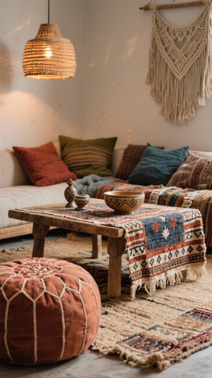 Photorealistic detail closeup of boho textures: layered rug moment with a jute base and patterned kilim on top, low Moroccan-style coffee table with a small ceramic bowl and travel-friendly artifacts, edge of a tufted pouf and floor cushions in clay, rust, indigo, and olive tones, glimpse of woven pendant light casting warm pools of light, macramé wall piece in soft focus; earthy, eclectic mood; angled low shot emphasizing texture and weave.
