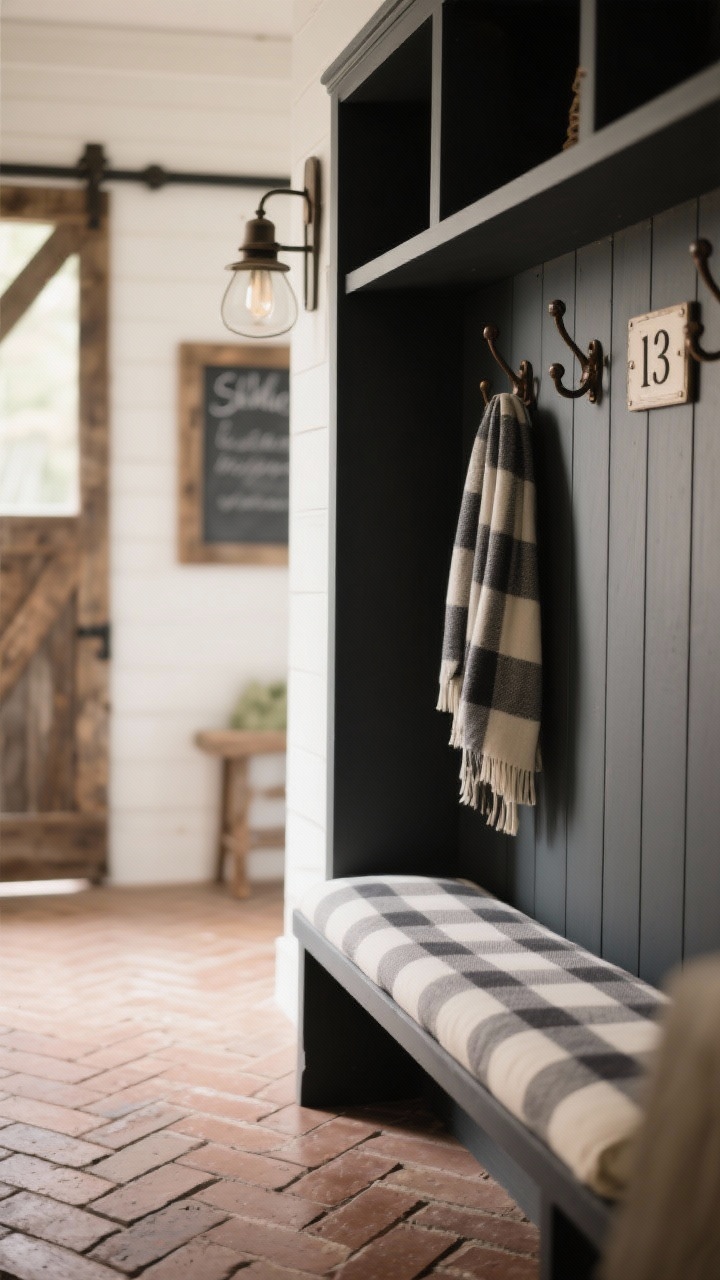 Photorealistic detail closeup of modern farmhouse organization: deep charcoal-painted cubby face with an individual numbered label plate, a forged-iron hook holding a scarf, and a plaid bench cushion in cream and slate tucked beneath; in soft background bokeh, hints of a barn-style sliding door and a schoolhouse sconce near a rustic framed chalkboard; herringbone brick floor texture visible at the base; warm, cozy lighting; tight, angled crop emphasizing materials and labels.