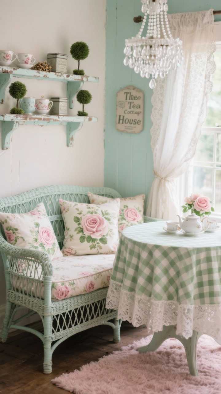 Photorealistic detail/closeup of “The Cottage Tea House”: mint-painted wicker settee edge with rose-patterned cushions beside a skirted tea table in moss gingham; white beaded chandelier softly sparkling above (bokeh); chippy-painted shelves holding teacups, seed tins, and mini topiaries; pale blush rug texture visible at the bottom of frame; lace café curtains filtering gentle daylight; colors of mint, blush, moss, cream, faded rose; romantic, delicate styling; intimate angled closeup focusing on fabrics, florals, and painted wicker texture.