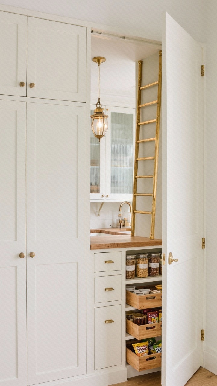 Photorealistic detail closeup of the hidden pantry reveal: a seamless wall of tall Shaker panels with push-to-open hardware slightly ajar, showing the bright interior with painted cream cabinetry, natural oak counters, and a brass-railed library ladder. Inside, reeded glass cabinet doors soften the lines; pendant lanterns glow warmly; drawers with custom dividers neatly organize tea, spices, and snack packs. Cream, oak, and brushed brass elegance with a secret-door moment.