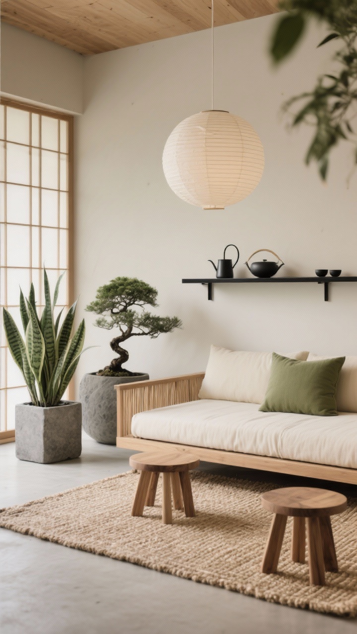 Photorealistic detail/closeup of “The Japandi Retreat”: low platform daybed with ecru cushions on a woven sisal mat, framed by ash wood stools used as minimalist side tables; reed or shoji-style screens filtering soft light; matte stone planters with architectural plants (ZZ plant, snake plant, a small bonsai); a paper orb pendant floating above (softly out of focus), a black steel shelf holding minimalist watering cans and tea ware; palette of ecru, sand, ash, matte black, soft leaf green; serene, uncluttered composition with natural textures; intimate eye-level angle.