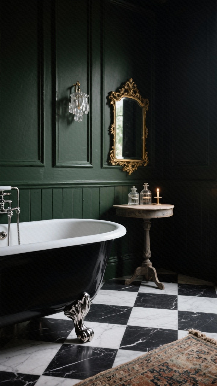 Photorealistic detail closeup: paneled walls painted in deep blackened green meeting a honed black-and-white checkerboard floor; edge of a black clawfoot tub with polished nickel feet and fixtures; ornate gilt mirror frame corner, smoky crystal sconce glow reflected; a small pedestal table with apothecary jars and a candle; a hint of a worn Persian runner. Low, romantic, Victorian noir lighting.