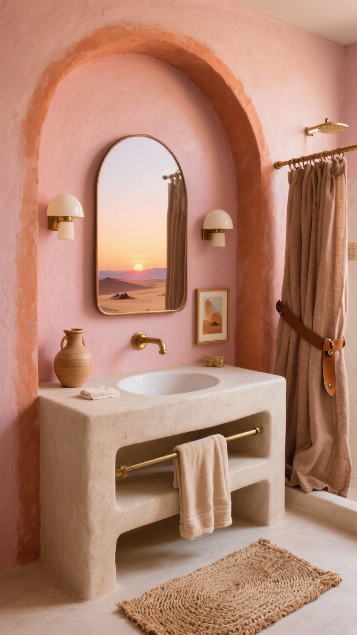 Photorealistic detail/closeup shot capturing desert sunset tones: a stucco vanity with a rounded-corner sink, bronze-framed arch mirror above; walls washed in sunset pink with subtle ombré fading to terracotta at the corners; brushed brass fixtures catching warm light, heavy clay-colored linen shower curtain tied with leather tabs; sand-colored towels and a woven jute bath mat at the edge of the frame; ceramic amphora and desert-inspired art print softly lit by small dome sconces with alabaster shades; earthy, sun-warmed mood.