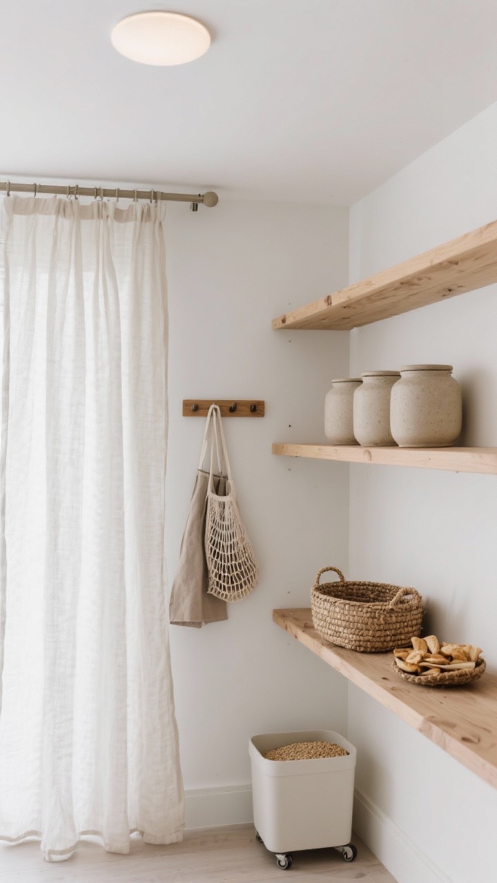 Photorealistic detail closeup, soft natural lighting, of a minimal Scandinavian pantry vignette: birch plywood shelving against white walls, stoneware canisters in oatmeal tones, a tight palette of warm wood, white, and whisper greige. Show a linen curtain panel on a ceiling track partially drawn, a petite peg rail with an apron and market bag, a woven basket for snacks, and the edge of a low rolling bin for bulk grains. Disc-shaped flush mount glow implied. Calm, tactile simplicity.