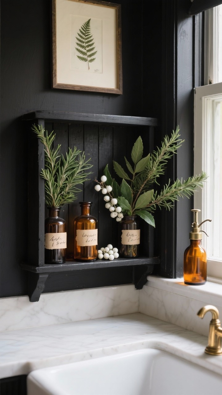 Photorealistic detail closeup, straight-on, of a black-painted wood window box styled as a botanical apothecary. Evergreen cuttings, sprigs of rosemary and bay, and faux white berries tuck around amber glass apothecary bottles with handwritten botanical labels on waxed linen. A brass misting bottle sits nearby on the sill; a hint of a pressed fern print is visible framed above. Colors: inky black, amber, deep green, parchment ivory. Texture focus: smooth glass, matte paint, paper labels. Moody, softly lit kitchen window over a farmhouse sink.