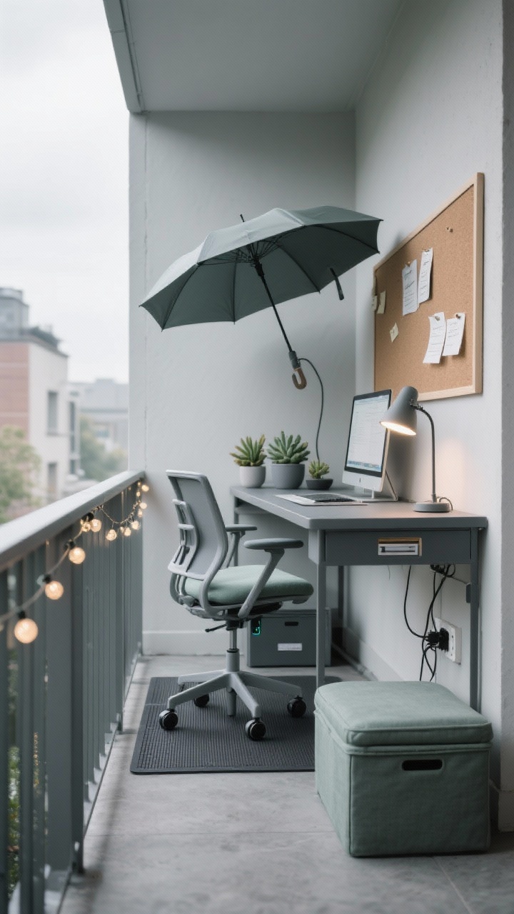 Photorealistic detail/functional shot of a Work-From-Balcony Studio; narrow weather-resistant console desk with a folding ergonomic chair and washable cushion; clip-on umbrella or adjustable sunshade positioned to reduce screen glare; rubber-backed outdoor mat stabilizing chair wheels; USB string lights along the railing; cord-management box under the desk; plug-in outdoor-safe task lamp illuminating the work surface; cork pinboard on the wall with notes; succulent trio and a lidded storage ottoman for files; palette of cool gray, slate, sage; clean, efficient, modern mood; soft overcast daylight for readability.