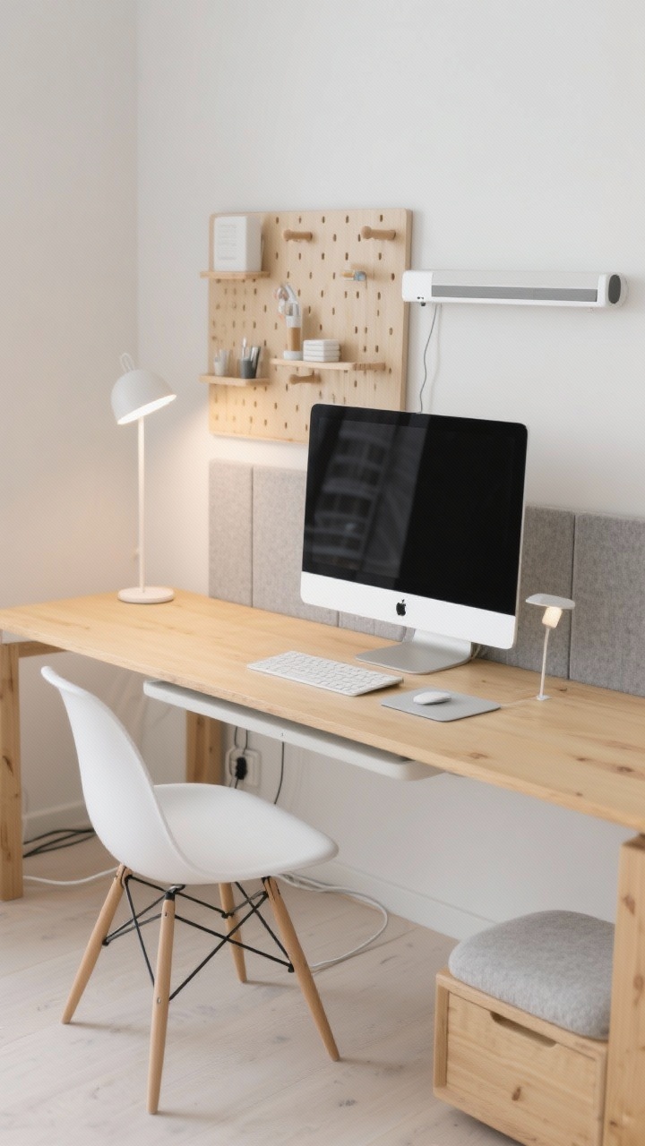 Photorealistic detail/medium hybrid of a Scandinavian light + tech-smart setup: blonde wood desk with rounded corners, snow-white chair, concealed cable channels. A wide monitor on a white arm with a slim soundbar tucked neatly beneath. A wireless charging mat color-matched to the desk tone. On the wall, a birch pegboard with minimal essentials arranged tidily. Palette: white, birch, pale gray. Lighting: diffused floor lamp behind the monitor creating soft backglow plus a small task light. Add light gray felt acoustic panels and a soft footrest under-desk. Clean, airy, app-like. Slight overhead angle from standing height.