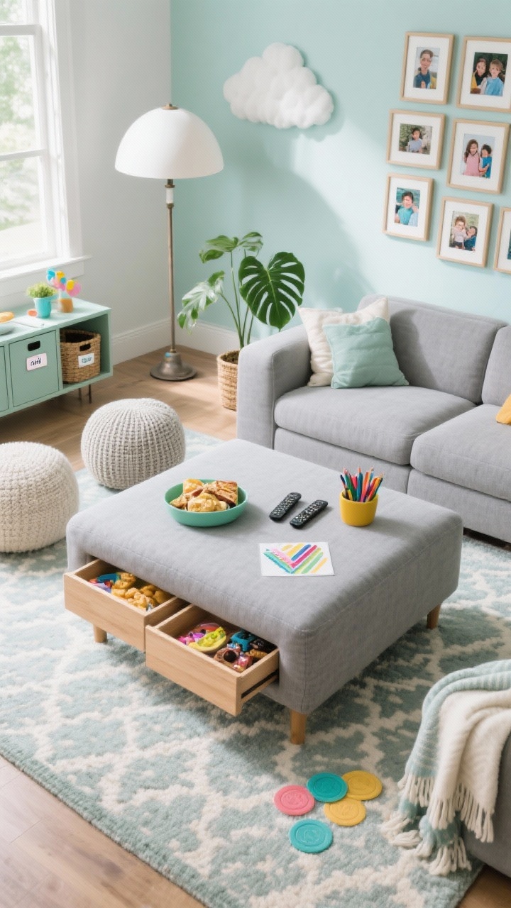 Photorealistic detail/overhead shot focused on a family-friendly large square upholstered ottoman in performance fabric (pebble gray) used as a table, with nesting wood trays slid to different positions holding snacks, remotes, and coloring supplies. Surrounding hints: cloud-style sectional in pebble gray, kid-proof storage cabinets with labeled baskets, framed family photo grid on the wall. Rug is a low-pile patterned indoor-outdoor style. Dome floor lamp with sturdy base visible at edge. Accents: knit poufs, washable throws, silicone coasters, and a leafy monstera. Bright, fresh palette of sage, sky, and creamy white, natural daylight.