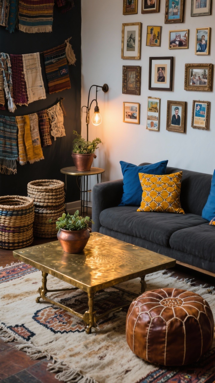 Photorealistic detail overhead shot of an eclectic market-inspired vignette: a hammered brass coffee table surface styled with a leather pouf nearby, stacked woven baskets at the edge; glimpses of a faded Beni Ourain rug beneath and the corner of a low charcoal sofa piled with cobalt and marigold wax print pillows; mixed metals highlighted—brass table, iron sconce catchlight, patinated copper planter with greenery; a wall edge showing a grid of small mismatched frames holding postcards, textile scraps, and family photos; colors charcoal, cobalt, marigold, cream; warm ambient evening light.