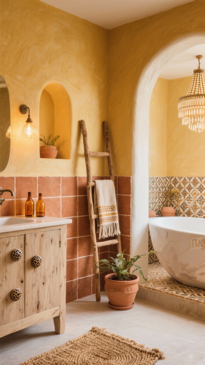 Photorealistic detail shot: focus on terracotta square tiles half-height with limewashed saffron walls above; foreground shows a rustic bleached teak vanity with handmade ceramic knobs; edge of a sculptural freestanding tub visible near an inset patterned encaustic tile “rug”; fringed Turkish towel ladder leaning nearby; arched niche lights glowing warmly and a beaded chandelier blur in background; accents of terracotta planters, amber glass bottles, woven bath mat; golden-hour warmth; no people.