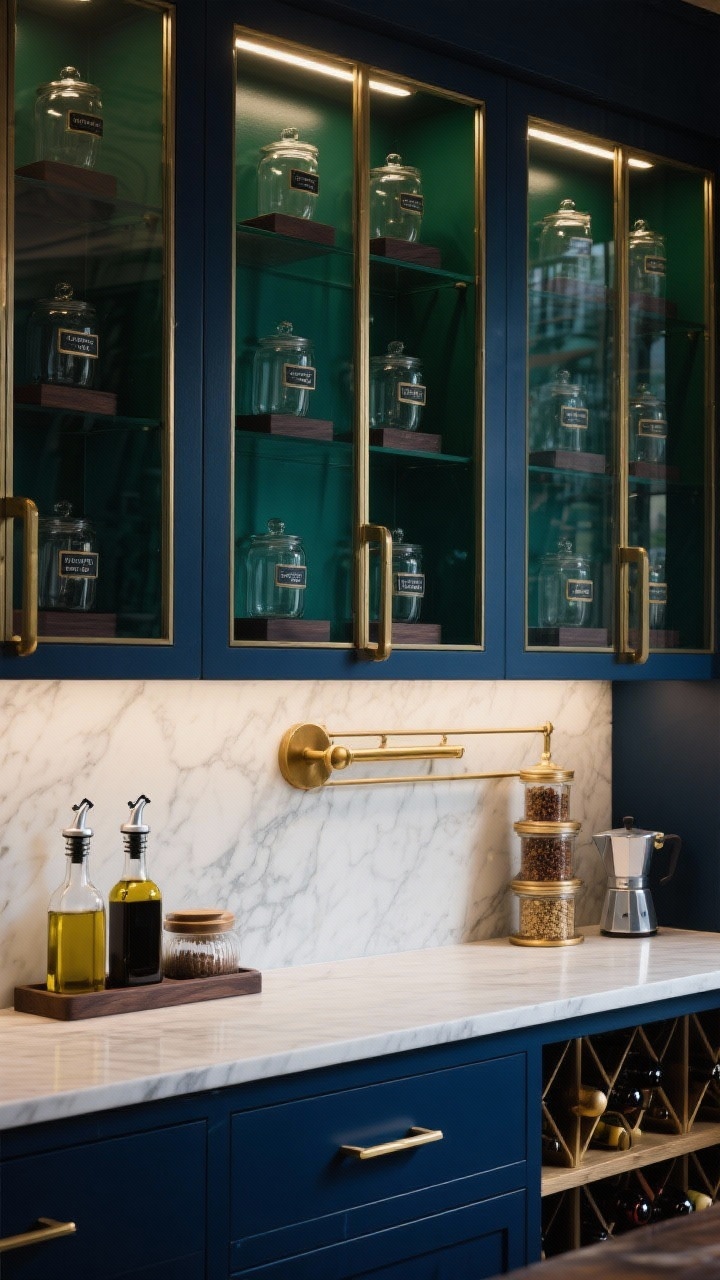 Photorealistic detail shot focused on moody luxe finishes: glass-front cabinet doors with brushed brass pulls set against deep ink blue (or emerald green) interior; inside, smoked glass jars arranged on dark walnut risers with labels facing forward; a slim marble countertop below for decanting oils and organizing coffee gear; brass picture lights mounted above each cabinet section casting warm highlights; a narrow pull-out spice tower ajar and a glimpse of a mini wine rack under the lowest shelf; dramatic boutique-market vibe, close-up angle emphasizing brass, glass, and marble textures.